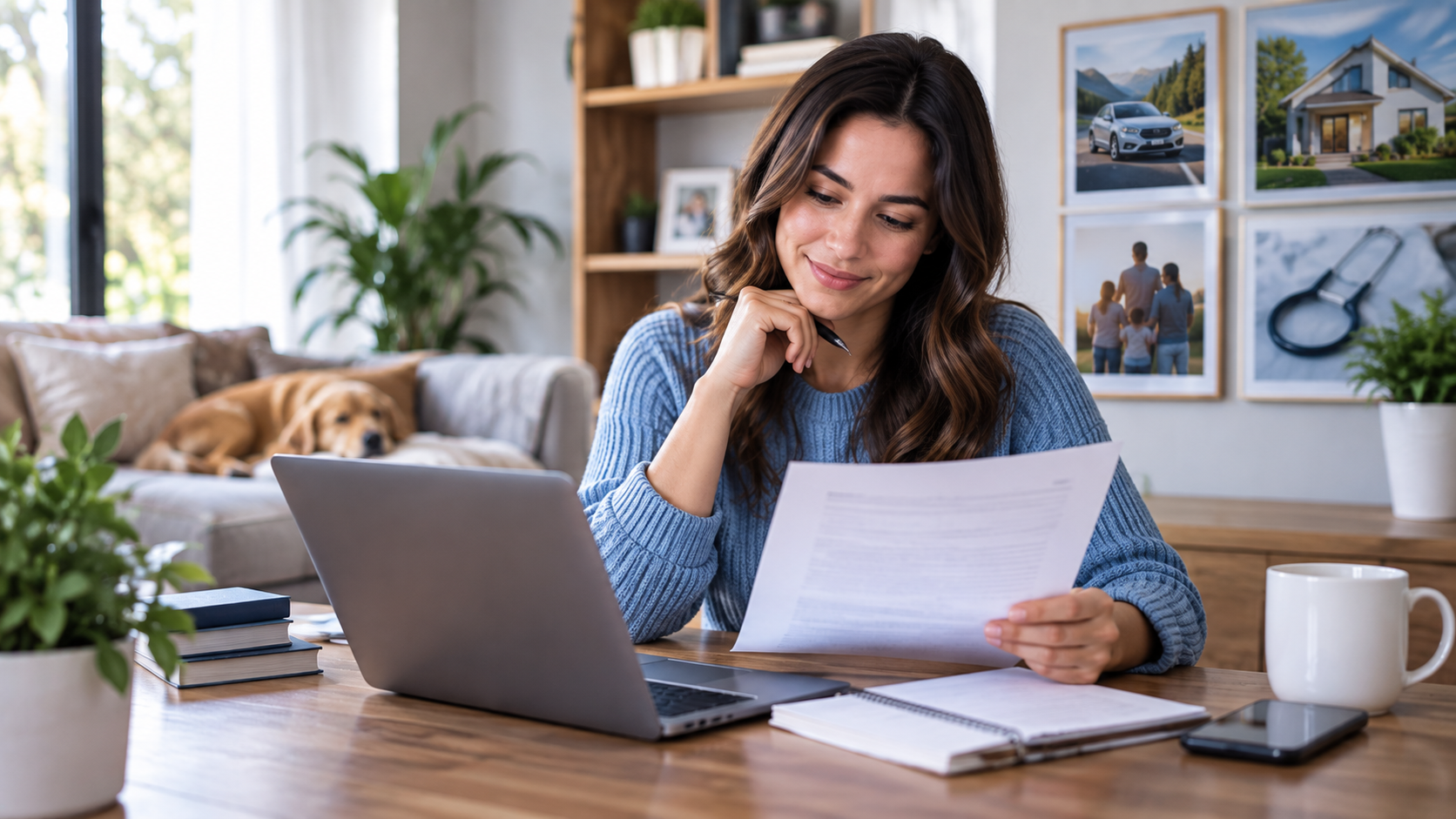 Woman reviewing insurance information at home